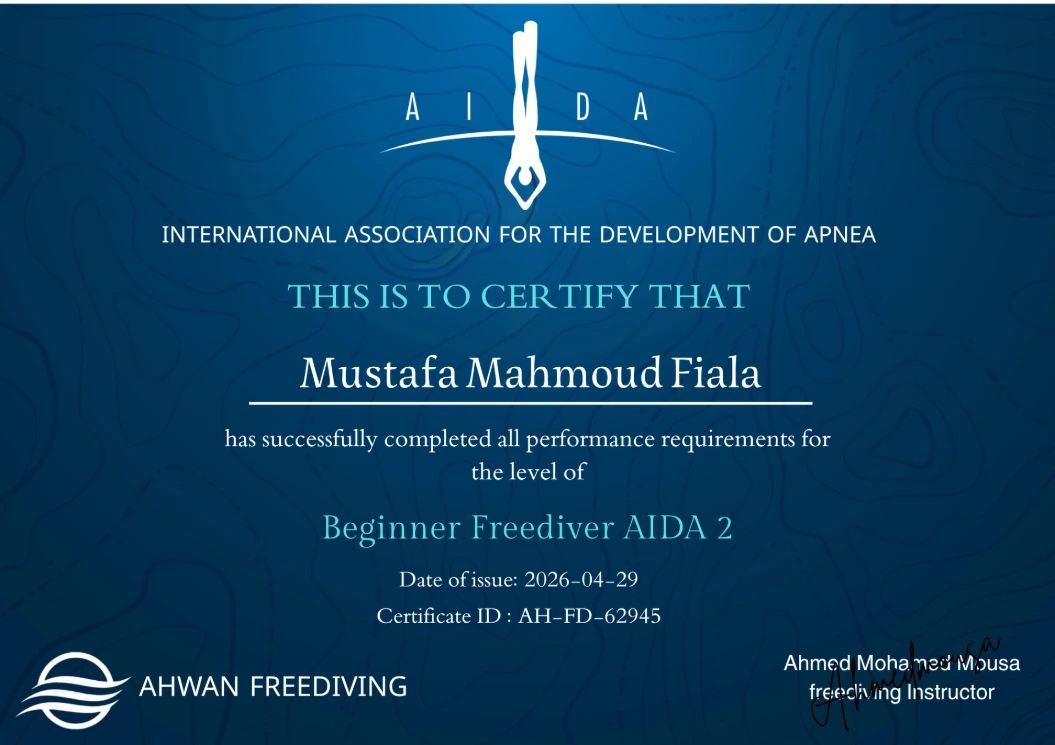 Certificate of completion of diving level from AHWAN FREE, AIDA